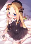  1girl abigail_williams_(fate/grand_order) bangs barefoot bed_sheet black_bow black_dress black_headwear blonde_hair bloomers blue_eyes blush bow bug butterfly commentary_request dress fate/grand_order fate_(series) food forehead hair_bow hands_up hat insect long_hair long_sleeves murasakigo orange_bow parted_bangs parted_lips plate polka_dot polka_dot_bow sitting solo tray underwear very_long_hair wariza white_bloomers 