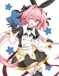  1boy astolfo_(fate) astolfo_(saber)_(fate) bangs black_bow black_gloves black_legwear black_ribbon blush bow bowtie bunny_hair_ornament commentary_request dress eyebrows_visible_through_hair fate/grand_order fate_(series) frills gloves hair_bow hair_intakes hair_ornament hair_ribbon highres long_hair long_sleeves looking_at_viewer multicolored_hair one_eye_closed otoko_no_ko pink_hair purple_eyes ribbon smile solo streaked_hair thighhighs twintails user_tjsm5374 white_hair 
