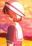  1girl artist_name blue_dress brown_eyes brown_hair child clannad cloud commentary_request dress hair_ribbon hat highres okazaki_ushio orange_sky outdoors petals profile ribbon sailor_collar sailor_dress sky solo sunset turbo_engine_(rakugaki_tabo) upper_body white_headwear white_ribbon white_sailor_collar 