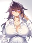  1girl blush breasts cleavage closed_mouth eyebrows_visible_through_hair gradient gradient_background hair_between_eyes huge_breasts long_sleeves looking_at_viewer original purple_eyes purple_hair serious shaded_face shirt sidelocks solo white_shirt yamaarashi 