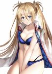  1girl bangs blonde_hair blue_bra blue_eyes blue_panties blush bra bradamante_(fate/grand_order) braid breasts cleavage collarbone crown_braid epaulettes fate/grand_order fate_(series) hair_between_eyes hair_ornament harimoji jacket jacket_on_shoulders lace lace-trimmed_bra lace-trimmed_panties large_breasts long_hair looking_at_viewer open_clothes open_jacket open_mouth panties simple_background solo thighs twintails underwear very_long_hair white_background white_jacket 