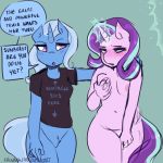  1:1 absurd_res anthro bodily_fluids bottomless breast_grab breasts clothed clothing equid friendship_is_magic genital_fluids hand_on_breast hi_res horn magic mammal masturbation my_little_pony nude pussy_juice rainbowsprinklesart starlight_glimmer_(mlp) trixie_(mlp) unicorn 