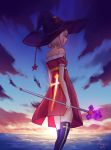  1girl absurdres artist_name bangs bare_arms bare_shoulders cloud commentary_request cross dated dress from_behind grey_hair hat highres holding holding_staff large_hat ocean original purple_headwear purple_legwear red_dress scenery short_hair short_sleeves staff sun sunset thighhighs yansae81 