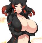  1girl animal_ears arms_under_breasts bangs biker_clothes bikesuit bodysuit breast_hold breasts cleavage collarbone commentary_request crossed_arms eyebrows_visible_through_hair highres hippopotamus_(kemono_friends) hippopotamus_ears kemono_friends large_breasts long_hair looking_at_viewer navel parted_lips sidelocks skindentation solo stomach tsukasawa_takamatsu 