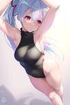  armpits arms_up bangs bare_arms bare_hips bare_legs bare_shoulders black_leotard blue_hair blush breasts dutch_angle fate/grand_order fate_(series) feet_out_of_frame fukai_ryousuke hair_ribbon highleg highleg_leotard highres large_breasts leotard long_hair looking_away looking_to_the_side parted_lips ponytail red_eyes red_ribbon ribbon sideboob standing tomoe_gozen_(fate/grand_order) 