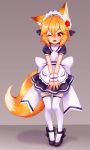  1girl 2wintails :3 absurdres animal_ears black_footwear black_ribbon blonde_hair blush brown_eyes eyebrows_visible_through_hair flower fox_ears fox_tail full_body hair_flower hair_ornament hair_ribbon high_heels highres looking_at_viewer maid maid_headdress one_eye_closed open_mouth ribbon senko_(sewayaki_kitsune_no_senko-san) sewayaki_kitsune_no_senko-san short_hair smile solo tail thighhighs white_legwear 