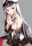  1girl armpit_crease azur_lane bare_shoulders black_coat black_neckwear black_skirt breasts coat collarbone collared_shirt cowboy_shot enterprise_(azur_lane) food gold_trim grey_background hat highres holding holding_food long_hair long_sleeves looking_at_viewer medium_breasts military_hat miniskirt necktie off_shoulder open_clothes open_coat peaked_cap pleated_skirt purple_eyes ran9u shirt sidelocks skirt sleeveless sleeveless_shirt solo very_long_hair white_hair white_headwear white_shirt 