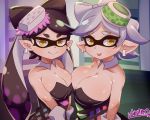  2girls aori_(splatoon) artist_name asymmetrical_docking bare_shoulders black_hair breast_press breasts cleavage closed_mouth collarbone cousins detached_collar domino_mask earrings food food_on_head gloves highres hotaru_(splatoon) huge_breasts jewelry large_breasts long_hair looking_at_viewer mask multiple_girls object_on_head open_mouth ryuusui_arumo short_hair silver_hair smile splatoon_(series) splatoon_1 tentacle_hair thick_eyebrows white_earrings white_gloves yellow_eyes 