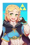  2019 absurd_res blonde_hair blush breasts breath_of_the_wild cape clothing female fingerless_gloves galois gloves green_eyes hair handwear hi_res humanoid humanoid_pointy_ears hylian nintendo not_furry open_mouth open_smile princess_zelda signature smile solo the_legend_of_zelda triforce video_games 