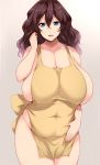  1girl apron bangs bare_shoulders blue_eyes breasts brown_hair collarbone commentary_request covered_navel cowboy_shot curvy eyebrows_visible_through_hair fat gegege_no_kitarou hair_between_eyes hair_ornament highres hip_focus huge_breasts inuyama_junko long_hair looking_at_viewer mature mole mole_under_mouth multicolored_hair naked_apron open_mouth parted_lips pink_hair sidelocks smile solo standing streaked_hair thighs tsukasawa_takamatsu two-tone_hair x_hair_ornament 