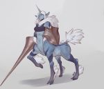  arbuzbudesh blue_body blue_fur blue_skin bra breasts capcom clothing elder_dragon equid equid_taur female fur hair horn kirin_(mh) lance mammal mammal_taur monster_hunter navel shield simple_background solo sports_bra standing striped_body striped_fur stripes taur underwear video_games white_hair 