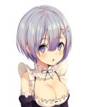  absurdres bangs bare_shoulders black_dress black_ribbon blue_eyes breasts cleavage commentary_request dress eyebrows_visible_through_hair face hair_ornament highres large_breasts looking_at_viewer maid okappa_(bobbed001) open_mouth re:zero_kara_hajimeru_isekai_seikatsu rem_(re:zero) ribbon simple_background solo white_background x_hair_ornament 