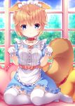  1girl :o animal_ear_fluff animal_ears apron bangs blue_dress blue_eyes blush bow brown_hair collar collared_dress commentary_request copyright_request day dress eyebrows_visible_through_hair frilled_apron frilled_legwear frilled_pillow frills gloves hair_between_eyes hands_up heart heart_pillow highres indoors maid_headdress no_shoes parted_lips pillow puffy_short_sleeves puffy_sleeves red_bow red_collar short_hair short_sleeves sitting solo tail thighhighs virtual_youtuber waist_apron white_apron white_gloves white_legwear window yokozuwari yuku_(kiollion) 