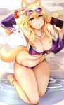  1girl absurdres agetama animal_ear_fluff animal_ears bangs bare_shoulders bikini blonde_hair blush breasts cellphone cleavage collarbone eyewear_on_head fate/extra fate/extra_ccc fate/extra_ccc_fox_tail fate/grand_order fate_(series) fox_ears fox_girl fox_tail grin hair_between_eyes highres jacket jewelry kneeling large_breasts long_hair long_sleeves looking_at_viewer navel necklace open_clothes open_jacket phone purple_bikini red_scrunchie scrunchie sidelocks smile solo sunglasses suzuka_gozen_(fate) swimsuit tail thighs v white_jacket wrist_scrunchie yellow_eyes 