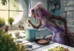  2019 5_fingers amazing_background anthro apron black_spots clothing cooking day detailed_background digital_media_(artwork) felid female fingers food fur goldendruid grey_body grey_fur hair inside kitchen mammal pantherine pink_hair plant purple_hair signature snow_leopard solo spots spotted_body spotted_fur watermark window 