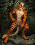  absurd_res animal_genitalia anthro archer arrow balls bow_(weapon) felid forest hi_res hunter iskra male mammal muscular muscular_male nude pantherine ranged_weapon sheath solo standing tiger tree warrior weapon 