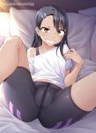  1girl bed bed_sheet bike_shorts black_hair black_shorts brown_eyes collarbone ear_clip earrings ghettoyouth grin highres ijiranaide_nagatoro-san jewelry long_hair looking_at_viewer lying nagatoro off_shoulder on_back on_bed pillow shirt shorts smile solo sweat watermark web_address white_shirt 