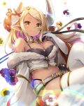  1girl bangs bare_shoulders belt black_panties black_shorts blonde_hair blush breasts cleavage closed_mouth dark_skin draph earrings eyebrows_visible_through_hair fur_trim gloves granblue_fantasy highleg highleg_panties horns jewelry kuvira_(granblue_fantasy) large_breasts lips long_hair long_sleeves looking_at_viewer navel off_shoulder panties pilokey pointy_ears short_shorts shorts simple_background skindentation smile solo thighhighs underwear white_background white_legwear yellow_eyes 