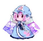  blue_headwear blue_kimono bug butterfly chibi commentary_request floral_print frills full_body goshoguruma hand_up hat hitodama insect japanese_clothes kayama_benio kimono light_blush long_sleeves mob_cap pink_eyes pink_hair saigyouji_yuyuko saigyouji_yuyuko&#039;s_fan_design short_hair smile standing touhou triangular_headpiece white_background wide_sleeves 