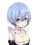  absurdres bangs bare_shoulders black_dress black_ribbon blue_eyes breasts cleavage commentary_request dress eyebrows_visible_through_hair face hair_ornament highres large_breasts light_blue_hair looking_at_viewer maid okappa_(bobbed001) open_mouth re:zero_kara_hajimeru_isekai_seikatsu rem_(re:zero) ribbon simple_background solo white_background x_hair_ornament 