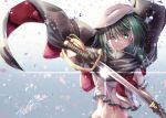  1girl cape cutlass eyepatch green_eyes green_hair hat holding holding_sword holding_weapon kantai_collection kiso_(kantai_collection) long_hair looking_at_viewer navel neckerchief remodel_(kantai_collection) school_uniform serafuku short_hair short_sleeves solo sword weapon yuihira_asu 