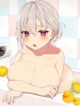  1girl absurdres afloat arm_support bangs bathing bathtub bent_over blush breasts cleavage collarbone commentary_request convenient_arm deha_rou eyebrows_visible_through_hair food fruit highres large_breasts looking_at_viewer mandarin_orange nude open_mouth original red_eyes rubber_duck short_hair short_ponytail silver_hair solo steam water water_drop 