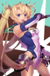  1girl arm_up beppu_mitsunaka blonde_hair blue_eyes blush bradamante_(fate/grand_order) breasts cleavage detached_sleeves eyebrows_visible_through_hair fate/grand_order fate_(series) gloves holding holding_sword holding_weapon large_breasts long_hair long_sleeves looking_at_viewer open_mouth solo sword twintails upper_teeth very_long_hair weapon white_gloves 