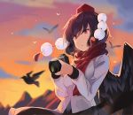  1girl bangs bird black_hair black_skirt black_wings breasts camera cloud commentary_request eyebrows_visible_through_hair feathered_wings hair_between_eyes hat highres holding holding_camera long_sleeves medium_breasts outdoors parted_lips pom_pom_(clothes) red_eyes red_scarf rin_falcon scarf shameimaru_aya short_hair skirt solo sunset tassel tokin_hat touhou upper_body wings 