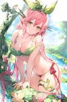 1girl bangs bare_shoulders bikini blue_sky blush breasts brown_eyes bug butterfly cleavage collarbone flower granblue_fantasy green_bikini_top hair_between_eyes highres insect lake large_breasts leaf leaf_bikini leaf_on_head long_hair looking_at_viewer low_twintails monster_girl navel pink_hair plant_girl pointy_ears red_bikini_bottom sky smile solo swimsuit thighhighs tree twintails umibouzu_(niito) very_long_hair wading water yggdrasil_(granblue_fantasy) 