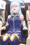  1girl aqua_(konosuba) bare_shoulders blue_hair blue_legwear blue_shirt blue_skirt blurry breasts chair closed_eyes commentary_request depth_of_field detached_sleeves facing_viewer hair_ornament hair_rings half_updo highres kfr kono_subarashii_sekai_ni_shukufuku_wo! large_breasts long_hair long_sleeves massage_chair miniskirt open_mouth shirt sidelocks sitting skirt smile solo thighhighs zettai_ryouiki 