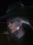  1girl ashe_(overwatch) asymmetrical_hair bowler_hat cowboy_hat earrings hat highres jewelry lips lipstick makeup mole_above_mouth overwatch red_lipstick skull_earrings yueyue 