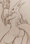  2019 anthro armwear breasts bridal_gauntlets butt canid canine claws clothing curemitsuba digimon digimon_(species) female fur looking_at_viewer looking_back mammal muscular muscular_female nude renamon side_boob simple_background sketch solo standing 