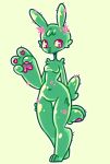  &lt;3 2017 big_hands breasts cactus featureless_breasts featureless_crotch female flora_fauna glittermiilk green_body lagomorph leporid mammal navel pawpads pink_eyes plant rabbit simple_background solo standing wide_hips yellow_background 