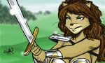  2012 anthro armor breasts domestic_cat felid feline felis female hi_res holding_object holding_sword holding_weapon mammal melee_weapon mitchatt solo sword unconvincing_armor warrior weapon 