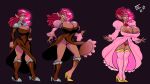  2018 absurd_res big_breasts bimbofication breast_expansion breasts choker clothed clothing dark_skin dress elf female hair hi_res humanoid humanoid_pointy_ears jewelry legwear looking_at_viewer navel necklace nipple_outline not_furry pink_hair scarfyace sequence solo standing surprise thick_thighs thigh_highs transformation 