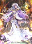 1girl circlet company_name copyright_name deirdre_(fire_emblem) dress fire_emblem fire_emblem:_genealogy_of_the_holy_war fire_emblem_cipher holding holding_staff long_hair long_sleeves official_art purple_eyes purple_hair solo staff wada_sachiko wide_sleeves 