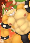  abs absurd_res belly bowser bracelet bulge clothing hair hi_res horn jewelry koopa male mario_bros nintendo nipples pecs red_hair reptile scalie solo spiked_bracelet spikes thong underwear ursa-m1nor video_games 