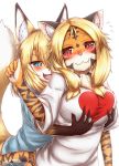  5_fingers anthro blonde_hair blue_clothing blue_eyes blue_topwear blush bodily_fluids breast_grab breasts canid canine clothing cute_fangs duo felid female female/female fingers fox hair hand_on_breast horokusa0519 inner_ear_fluff kemono mammal open_mouth orange_body pantherine red_eyes simple_background sweat tiger tongue topwear tuft white_background white_clothing white_topwear 