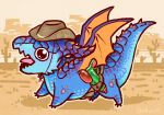  2019 3_fingers 3_toes ambiguous_gender blue_body blue_scales brown_belt brown_clothing brown_hat brown_headwear cactus chibi clothing countershade_torso countershading cowboy_hat day dragon feral fingers hat headgear headwear hi_res membrane_(anatomy) membranous_wings mountain open_mouth orange_body orange_scales orange_wings outside quadruped rollwulf scales sky solo soul_devouring_eyes string thick_tail toes tongue water_gun wings 