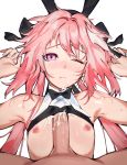  2boys absurdres animal_ears astolfo_(fate) astolfo_(saber)_(fate) black_bow black_neckwear black_shirt blush bow bowtie bunny_ears crop_top crop_top_lift cum cum_in_clothes cum_on_body cum_on_upper_body erection facial fate/apocrypha fate/grand_order fate_(series) hair_bow hair_intakes hands_up highres long_hair looking_at_viewer lying male_focus messy_hair multicolored_hair multiple_boys naizuri nipples on_back one_eye_closed otoko_no_ko paid_reward patreon_reward penis pink_hair roropull shirt simple_background streaked_hair sweat testicles twintails uncensored white_background white_hair yaoi 