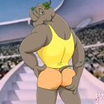  2017 animalympics anthro bottomwear butt butt_grab clothed clothing fabfelipe fondling_butt fully_clothed hand_on_butt leaf_crown looking_back male mammal muscular muscular_male rear_view rhinocerotoid shirt shorts smile smirk solo tank_top topwear 