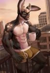  2019 anthro antlers black_body black_fur brown_body brown_fur cervid chunie clothed clothing coffee_mug detailed_background digital_media_(artwork) fur hi_res holding_object horn hybrid jackalope lagomorph leporid looking_at_viewer male mammal muscular muscular_male navel outside rabbit solo topless underwear white_body white_fur 