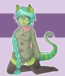  2015 animal_humanoid braided_hair breasts clothing female glittermiilk green_body green_eyes hair humanoid kneeling legwear lips long_hair looking_aside pea scarf simple_background smile solo stockings unknown_species 