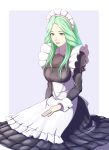  1girl absurdres fire_emblem fire_emblem:_three_houses green_eyes green_hair gzo1206 highres long_hair long_sleeves maid maid_headdress parted_lips rhea_(fire_emblem) simple_background sitting solo 