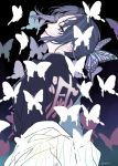  1girl absurdres animal_print black_background black_hair blue_background bug butterfly butterfly_hair_ornament butterfly_print coat cowboy_shot hair_ornament haori highres insect japanese_clothes kimetsu_no_yaiba kochou_shinobu lips looking_at_viewer looking_back multicolored_hair namero15 off_shoulder purple_hair short_hair silver_eyes simple_background solo twitter_username two-tone_background two-tone_hair uniform 