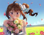  1girl ahoge alternate_costume blush bouquet bow brown_hair day dress drill_hair eyebrows_visible_through_hair flower full-face_blush hair_bow holding holding_bouquet idolmaster idolmaster_million_live! idolmaster_million_live!_theater_days kamille_(vcx68) looking_at_viewer outdoors purple_eyes short_hair side_drill solo upper_body white_bow white_dress yokoyama_nao 