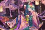  animal_ears aqua_eyes aqua_hair cherry_blossoms drink flowers hatsune_miku japanese_clothes long_hair petals qie_(25832912) ribbons sake socks vocaloid 