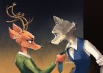  2019 anthro antlers beastars blue_eyes brown_body brown_eyes brown_fur canid canine canis cervid clothing duo eye_contact fur grey_body grey_fur hi_res horn invalid_color invalid_tag legosi_(beastars) looking_at_another louis_(beastars) male mammal multicolored_body multicolored_fur pendeltur pull smile smirk standing wide_eyed wolf 