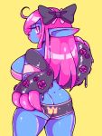  2017 big_breasts blue_body breasts butt eyelashes female glittermiilk hair humanoid humanoid_pointy_ears looking_back not_furry pink_eyes pink_hair rear_view ribbons simple_background solo yellow_background 