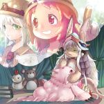  1other 2girls ambiguous_gender beltbra ears_through_headwear furrification furry helmet horizontal_pupils horned_helmet horns made_in_abyss mitty_(made_in_abyss) mitty_(made_in_abyss)_(human) multiple_girls nanachi_(made_in_abyss) nanachi_(made_in_abyss)_(human) okran pensive tied_skirt whiskers white_hair yellow_eyes 